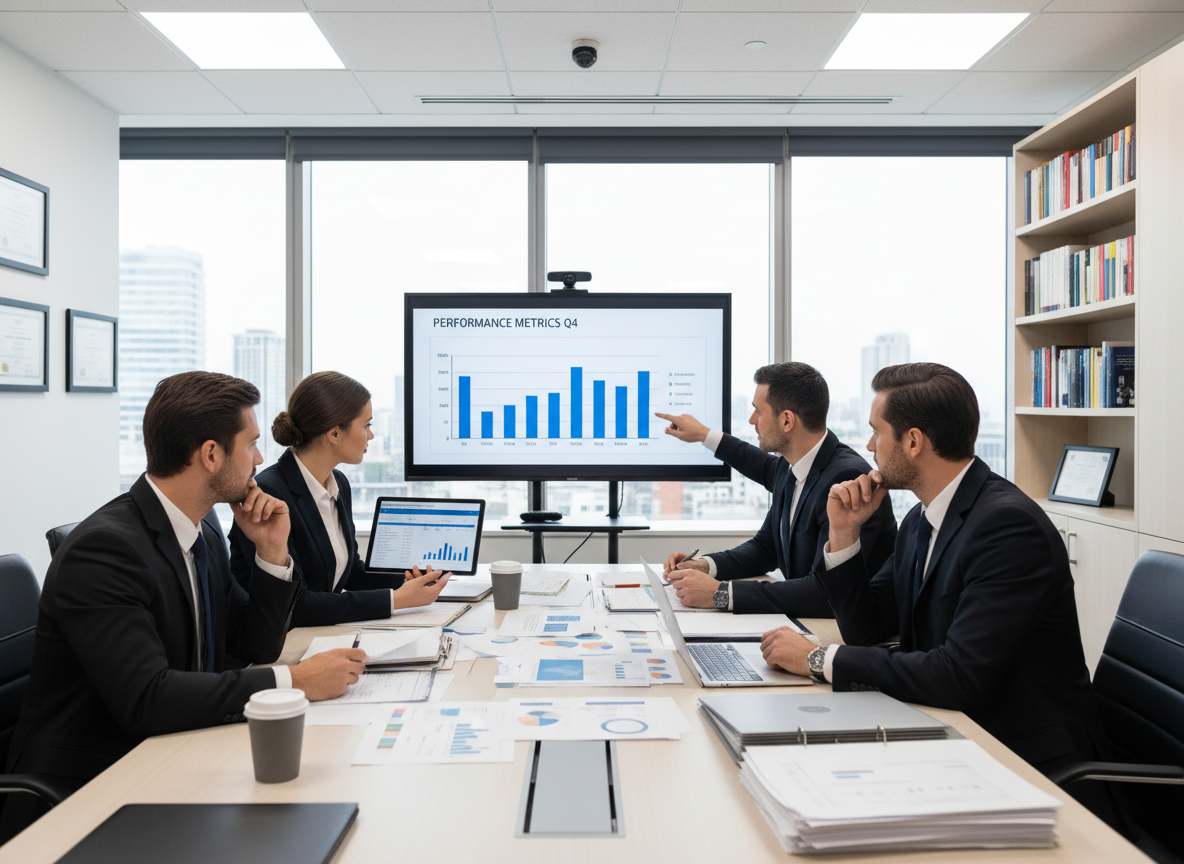 Equipo de supervisores de seguridad privada revisando documentos y gráficos de desempeño en una oficina corporativa, estilo fotográfico realista, ambiente profesional y académico