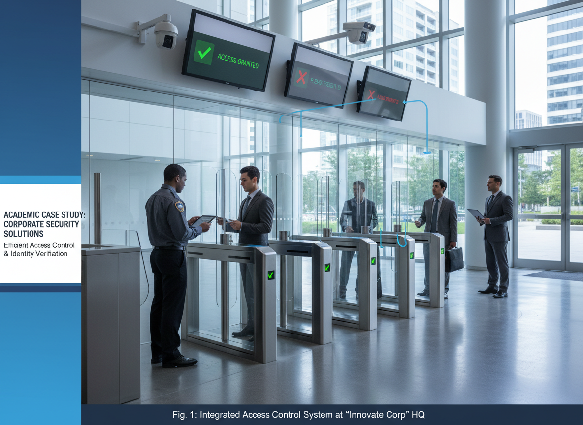 Access control system at corporate building entrance, security guard checking ID cards, modern turnstiles, academic case study visual