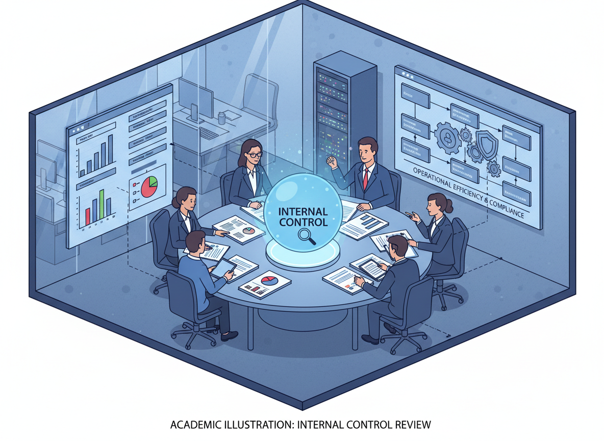 Team of auditors reviewing performance evaluation forms and control matrices in an office, internal control concept, academic illustration